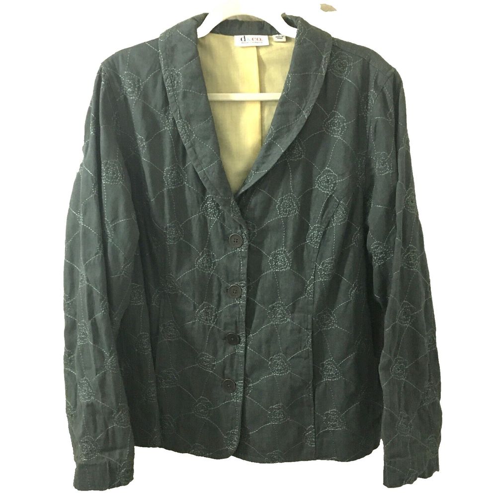 Denim & Co Womens Dk Green Jacket Button Blazer Floral Embroidery- Sz Large
